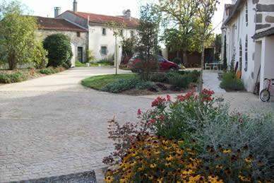 Cour pavée résidentielle avec végétation fleurie Bressuire